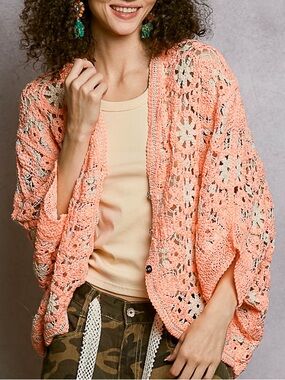 NWT POL Bohemian Coral Crochet Cardigan Sweater One Size